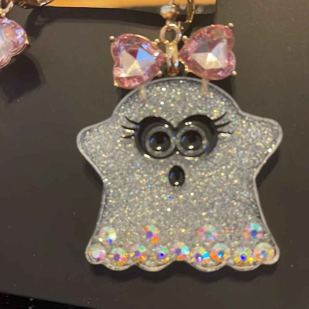 NWT Betsey Johnson, Halloween ghost with pink bow and bling dangle earrings - Picture 4 of 9